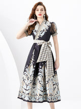 V-neck Lantern Sleeve Retro Print Dress