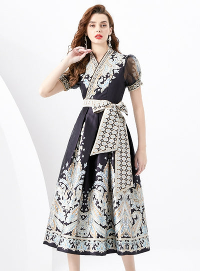 V-neck Lantern Sleeve Retro Print Dress