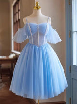 Blue Tulle Lace Pleats Homecoming Dress