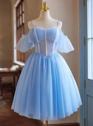 Blue Tulle Lace Pleats Homecoming Dress
