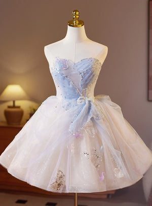 Light Blue Tulle Strapless Pearls Homecoming Dress