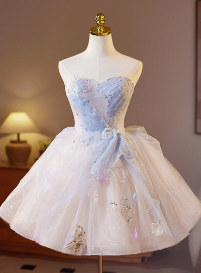 Light Blue Tulle Strapless Pearls Homecoming Dress