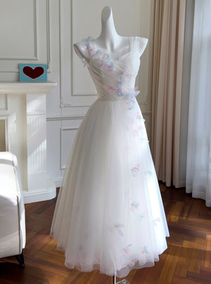 White Tulle Flower Pleats Prom Dress