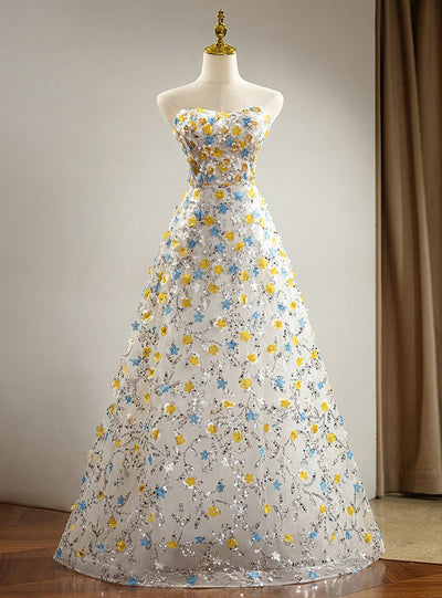 White Tulle Sequins Flower Prom Dress