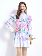 Retro Lantern Sleeve Printed Dress