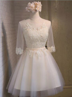 Light Yellow Lace Short Sleeve Homecoming Dress