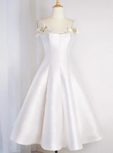 White Satin Straps Beading Wedding Dress