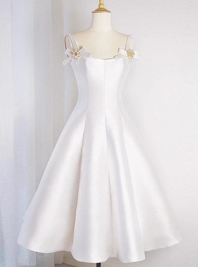 White Satin Straps Beading Wedding Dress