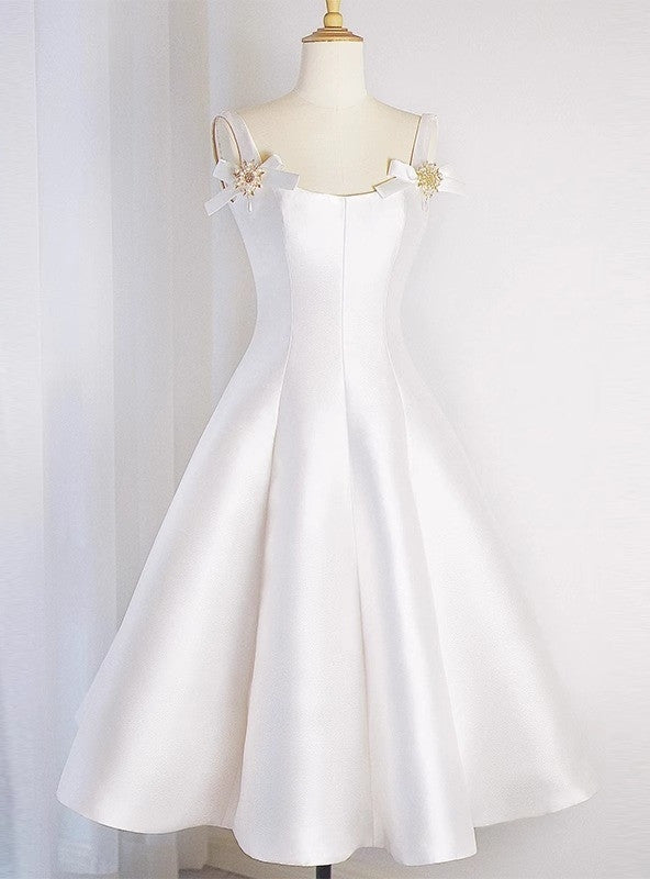 White Satin Straps Beading Wedding Dress