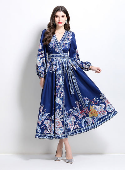 Retro Palace Printed V-neck Lantern Long Sleeve Dress