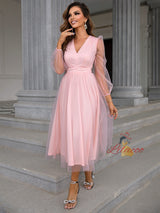 Solid Color Mesh Stitching V-neck Slim Dress