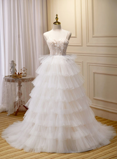 White Tulle Spaghetti Straps Tiers Wedding Dress
