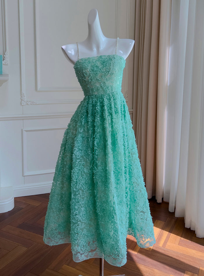 Green Spaghetti Straps Flower Prom Dress