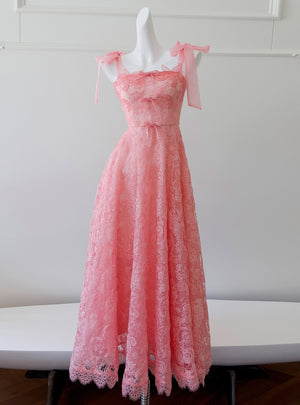 Pink Lace Straps Beading Prom Dress