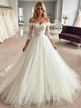 White Tulle Off the Shoulder Appliques Wedding Dress