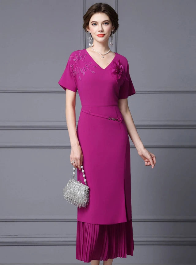 Fuchsia Short Sleeve V-neck Mother Of The Bride Dress