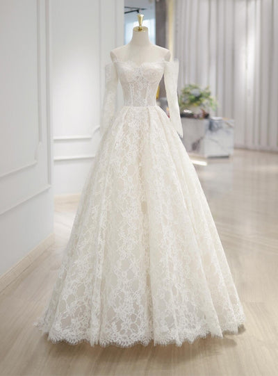 Simple White Lace Long Sleeve Off the Shoulder Wedding Dress