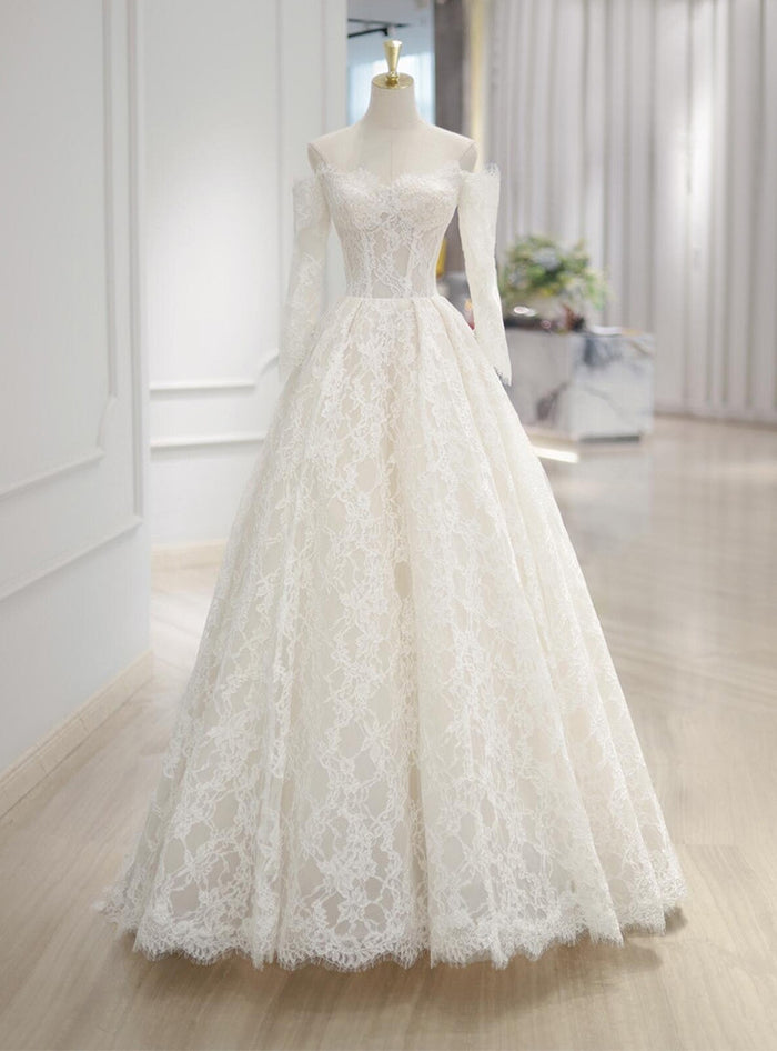Simple White Lace Long Sleeve Off the Shoulder Wedding Dress