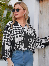 Lantern Sleeve Loose Geometric Print Shirt Top