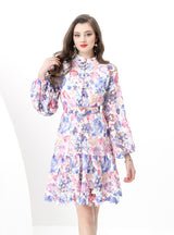 Retro Lace Long Sleeve Mini Print Dress