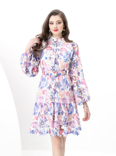 Retro Lace Long Sleeve Mini Print Dress