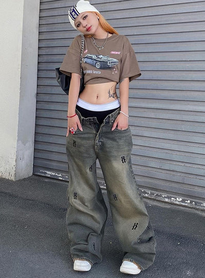 Low Waist Retro Letter Loose Jeans