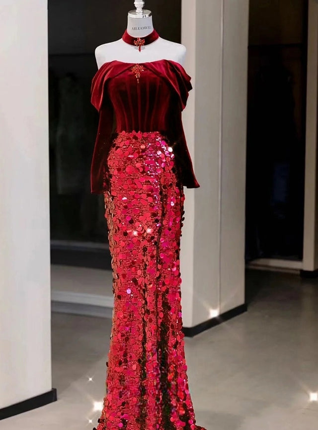 Burgundy Mermaid Sequins Velvet Prom Dress