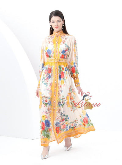 Lantern Sleeve Retro Print Dress