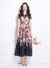 Sleeveless Silm Waist Button Printed Dress