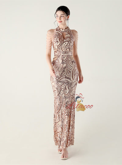 Mermaid Sequins Halter Beading Prom Dress