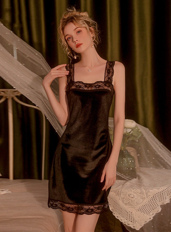 Sexy Velvet Lace Straps Nightdress