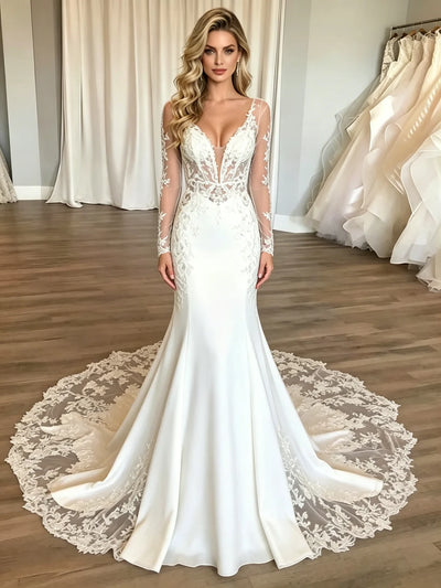 White Mermaid Long Sleeve Lace Wedding Dress