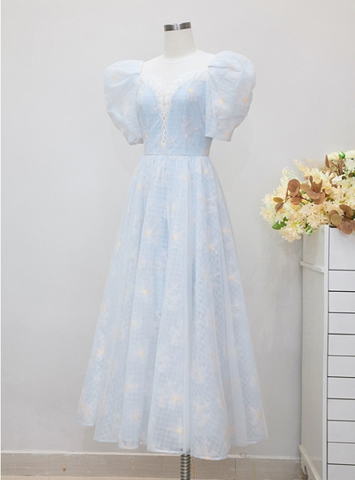 Light Blue Retro Lantern Sleeve Dress
