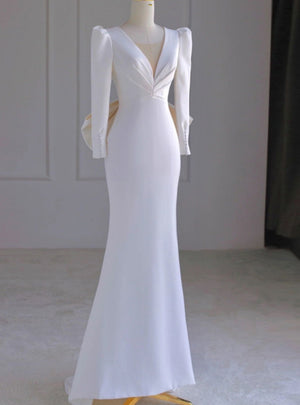 White Mermaid Long Sleeve V-neck Backless Wedding Dress