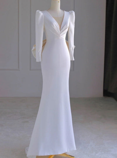 White Mermaid Long Sleeve V-neck Backless Wedding Dress