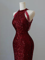Burgundy Mermaid Sequins Halter Beading Prom Dress