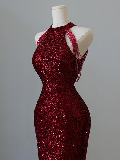 Burgundy Mermaid Sequins Halter Beading Prom Dress