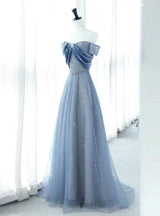 Blue Tulle Sequins Off the Shoulder Pleats Prom Dress