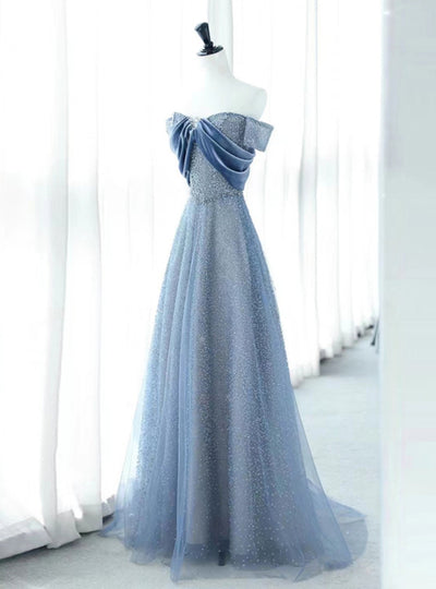 Blue Tulle Sequins Off the Shoulder Pleats Prom Dress