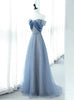 Blue Tulle Sequins Off the Shoulder Pleats Prom Dress