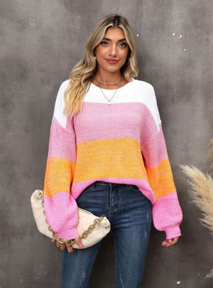 Spliced Contrast Loose Pullover Sweater