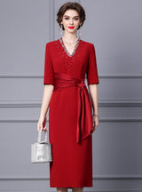 Burgundy V-neck Short Sleeve Mother Of The Bride Dress
