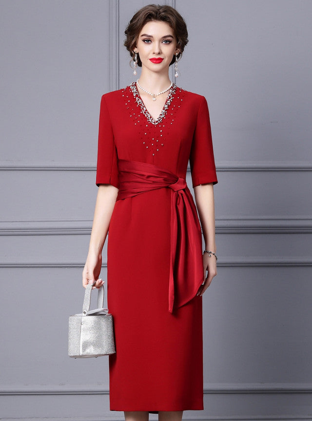 Burgundy V-neck Short Sleeve Mother Of The Bride Dress