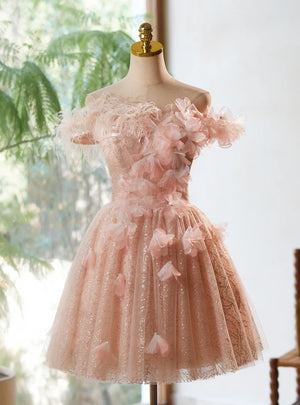 Pink Tulle Sequins Flower Homecoming Dress