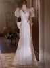 White Mermaid Sequins Puff Sleeve Bow Wedding Dress