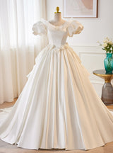 White Satin Puff Sleeve 3D Flower Wedding Dress