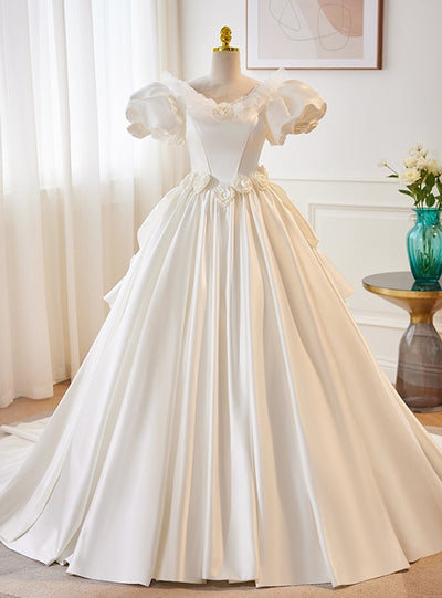 White Satin Puff Sleeve 3D Flower Wedding Dress