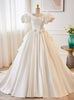 White Satin Puff Sleeve 3D Flower Wedding Dress