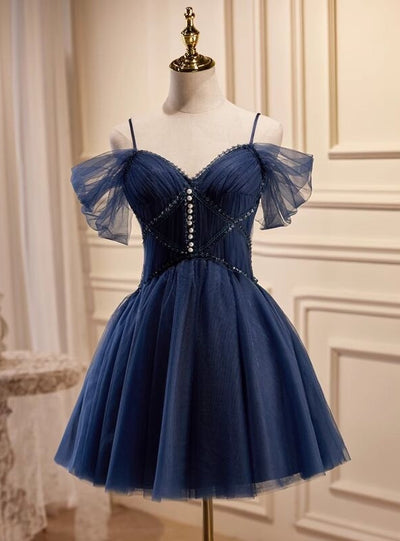 Navy Blue Straps Tulle Pleats Homecoming Dress