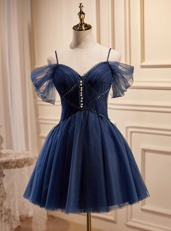 Navy Blue Straps Tulle Pleats Homecoming Dress